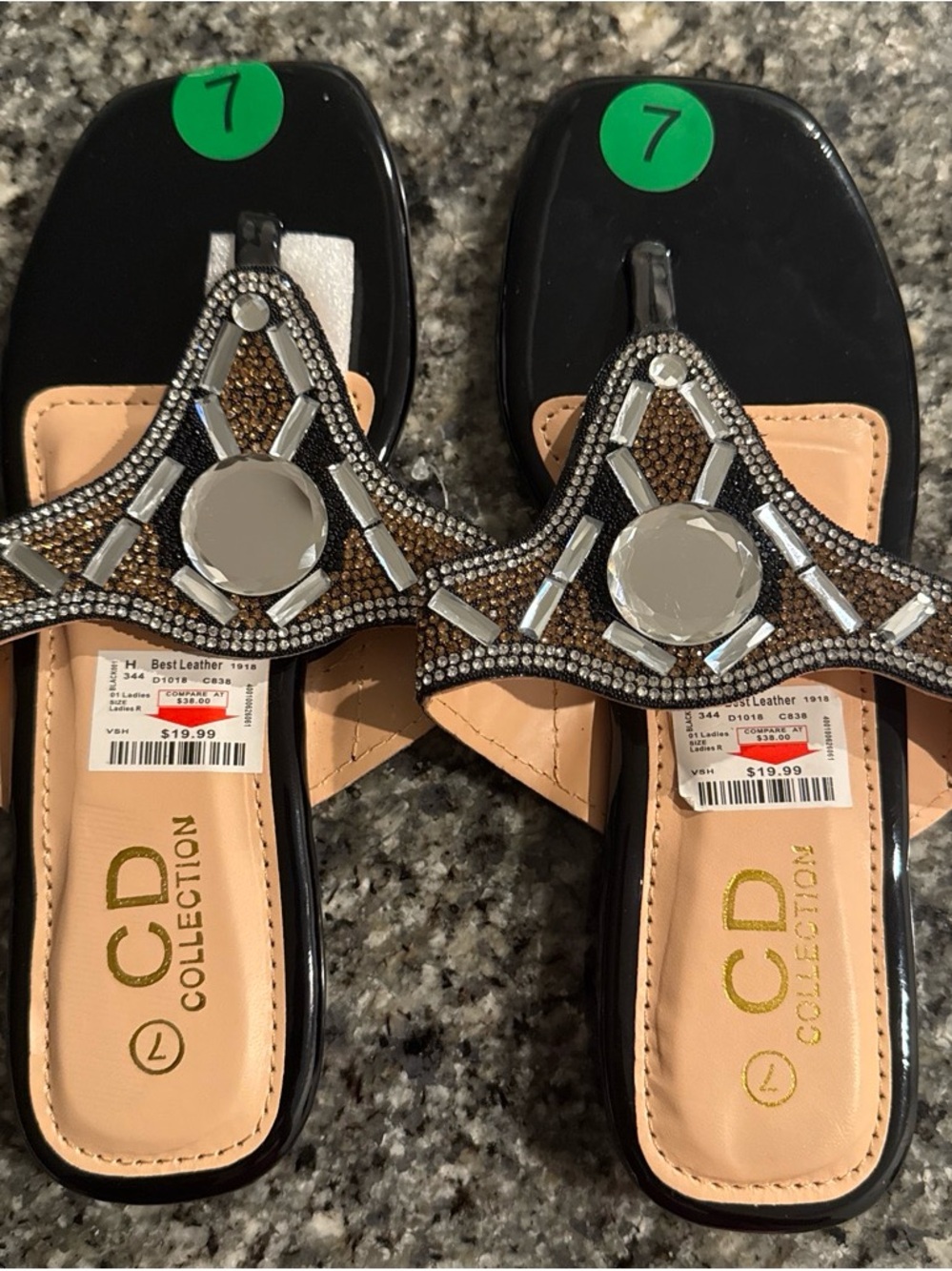 IC COLLECTION Black Slide Sandals with Silver Mirror Accents